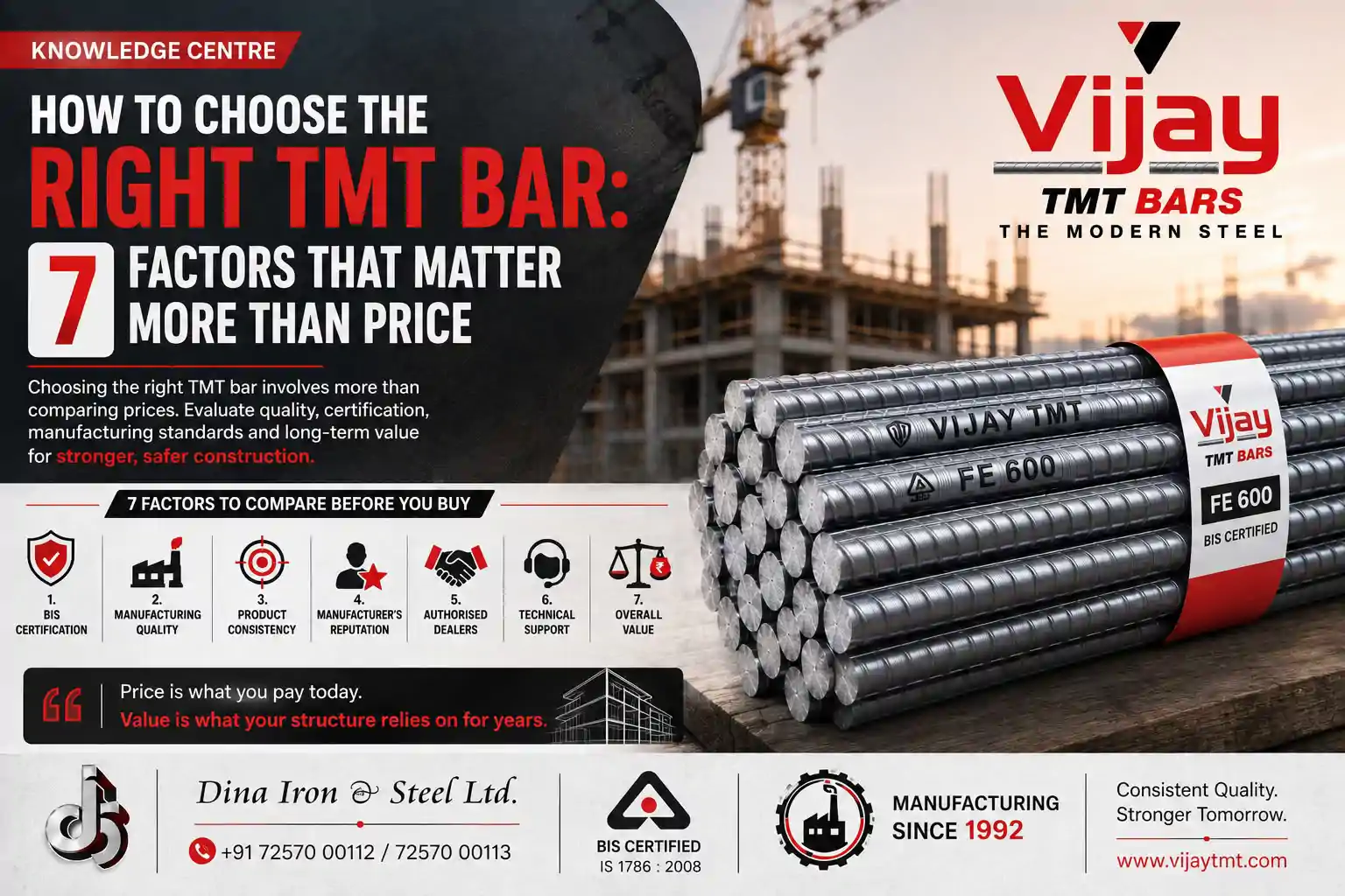 Vijay TMT FE600 bars illustrating the key factors to consider when choosing TMT bars, including qual
